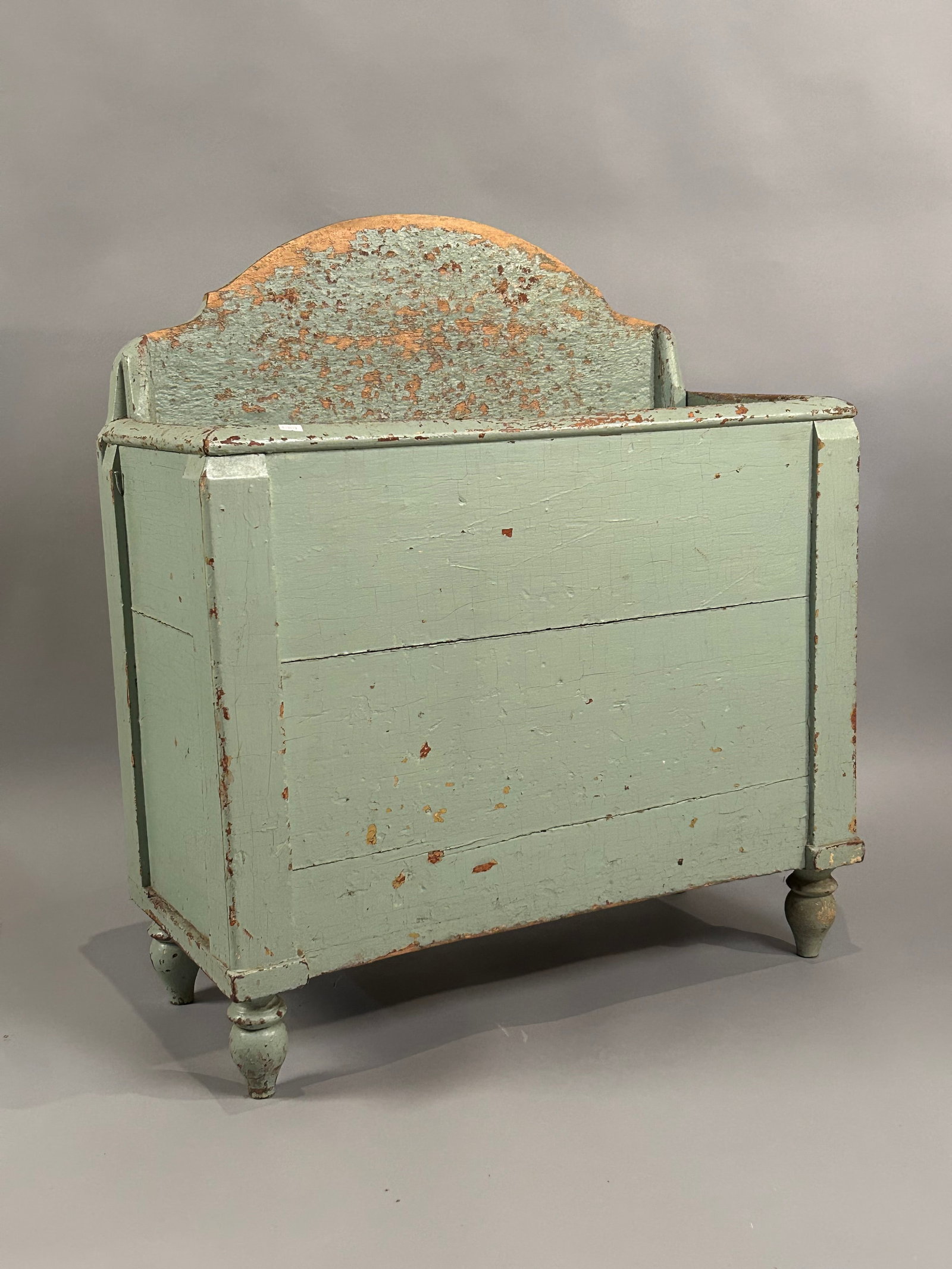 Antique Wood Tombstone Back Box Green Paint: Antique wood box, tombstone back, old green paint, turned foot.