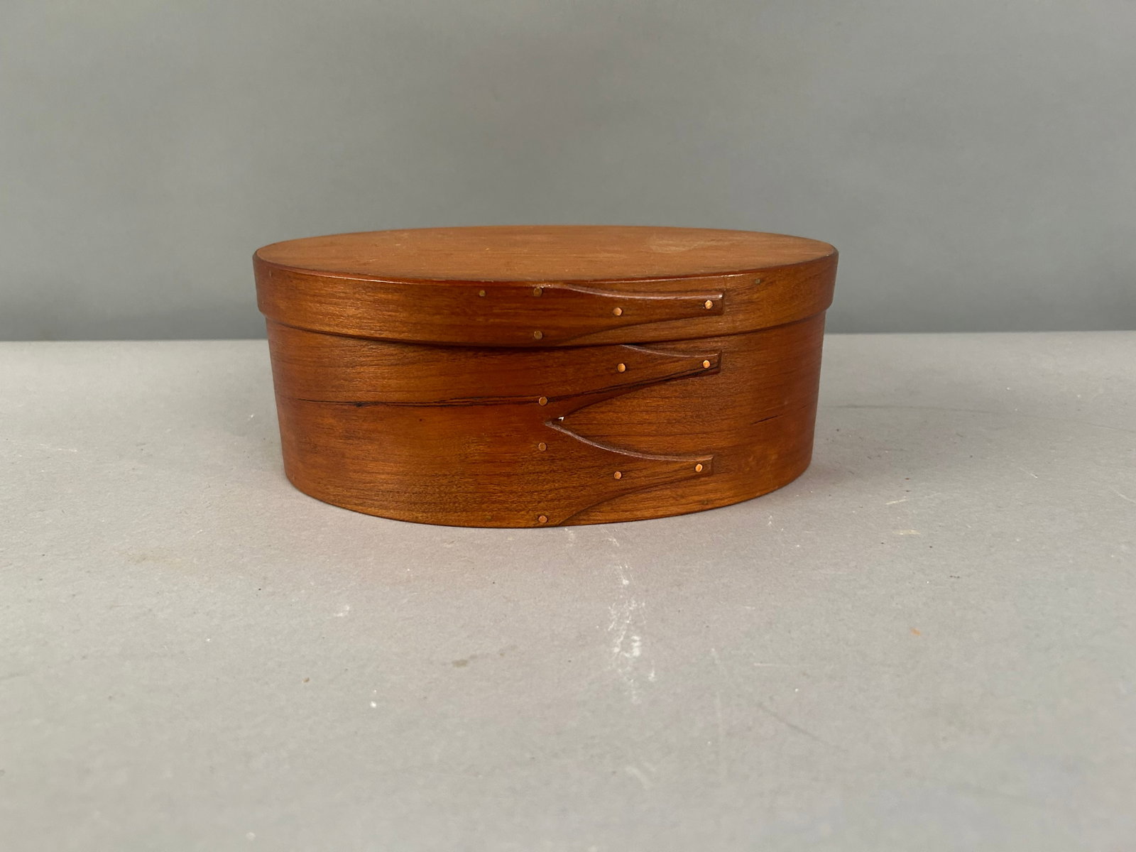 Shaker Pantry Box: Shaker pantry box, oval with fingers and copper nails. Unsigned