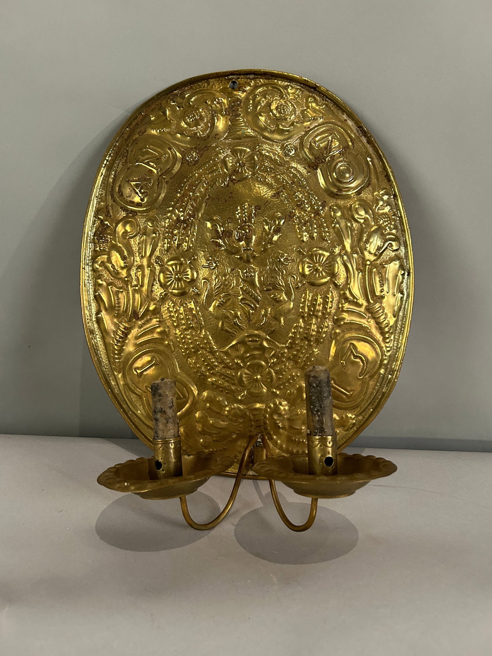 Early brass wall scones dated 1713. (1 of 5)