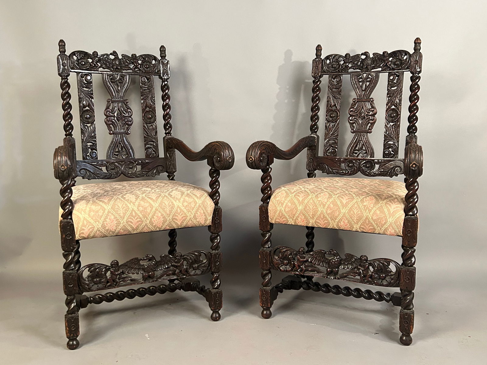 Pr 19th C Carved & Upholstered Arm Chairs (1 of 6)