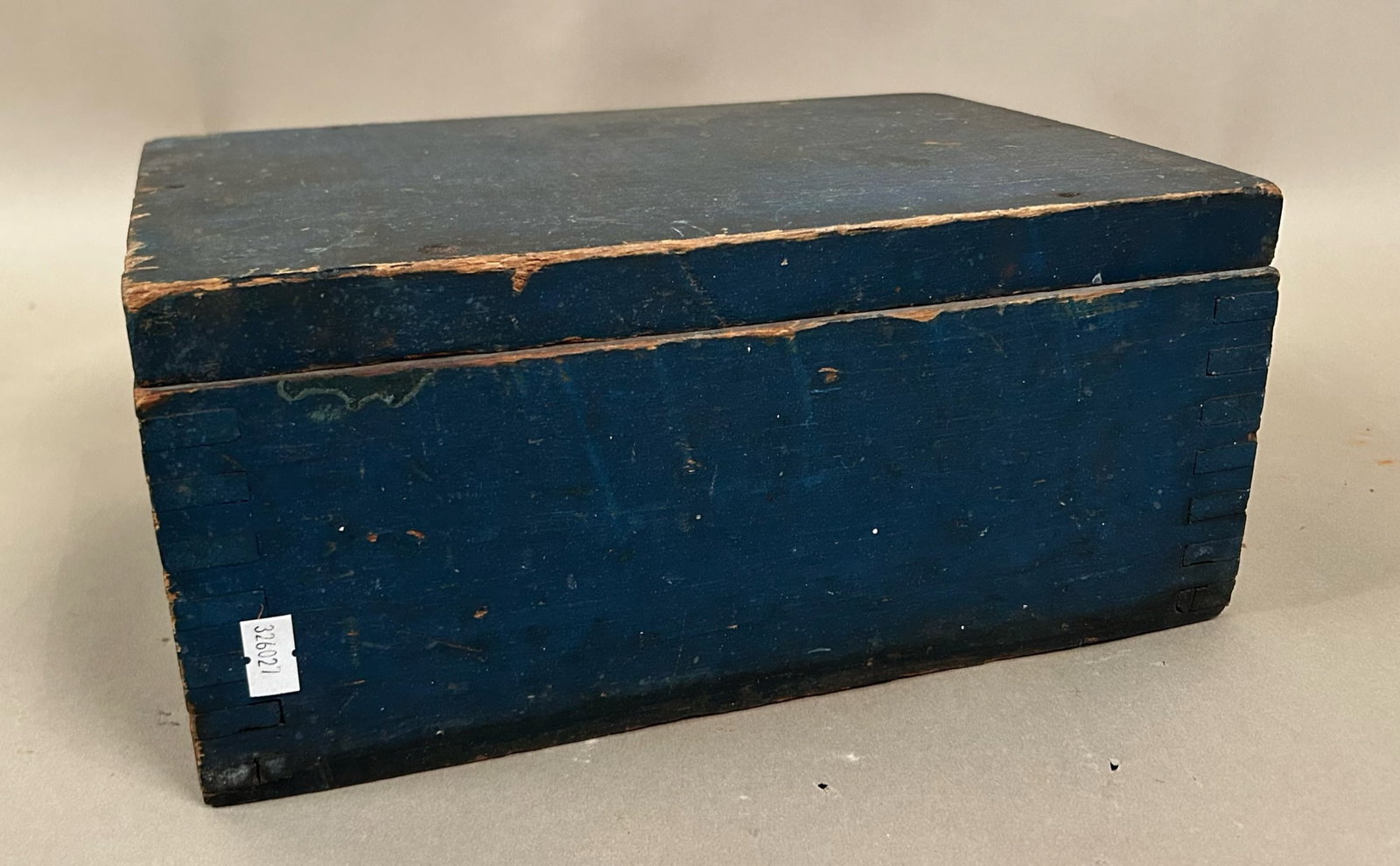 Wooden Dovetailed Box with Blue Paint: Wooden dovetailed box with blue paint.