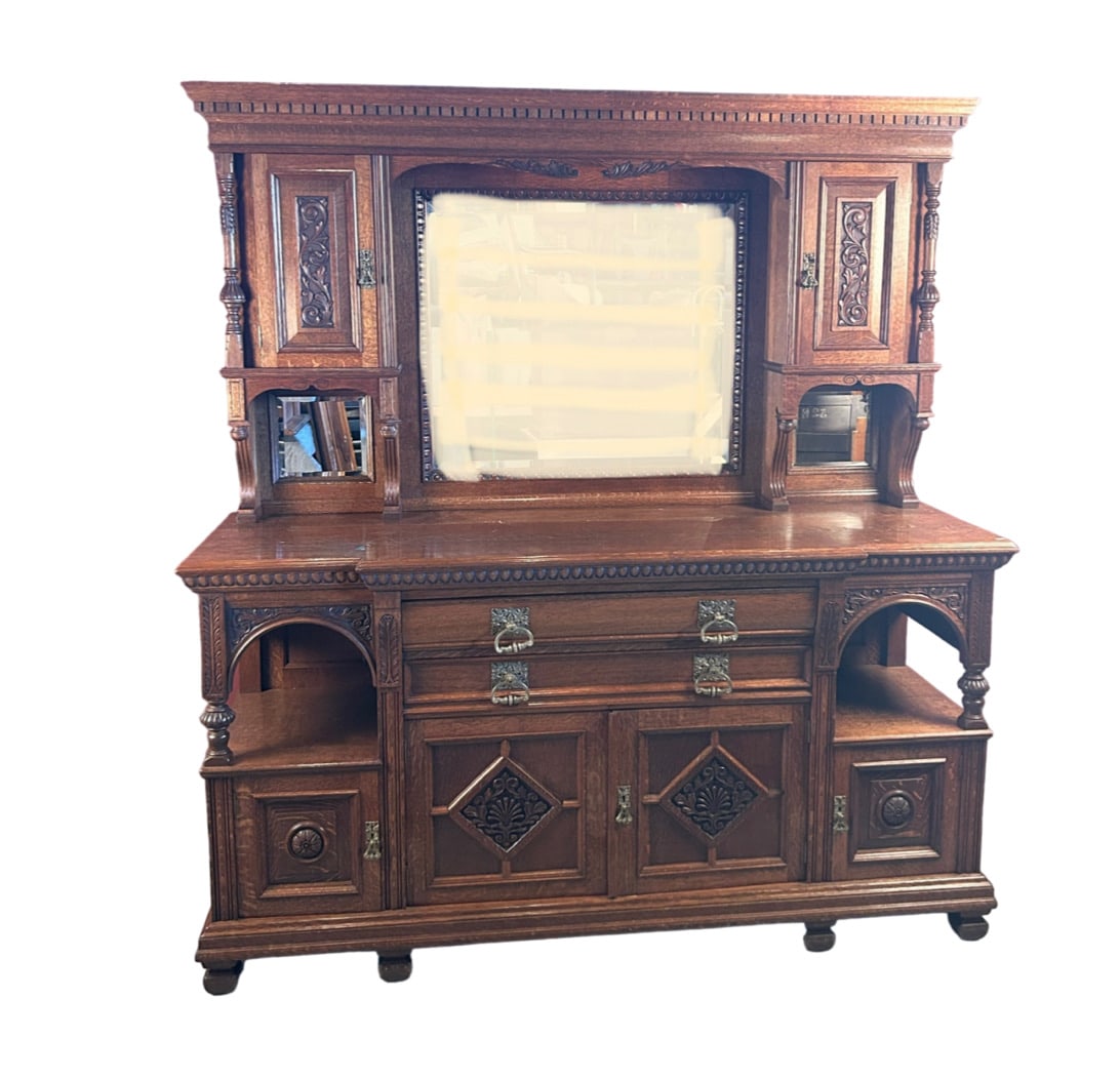 Antique Aesthetic Movement Carved Oak Mirror Back Sideboard (1 of 17)