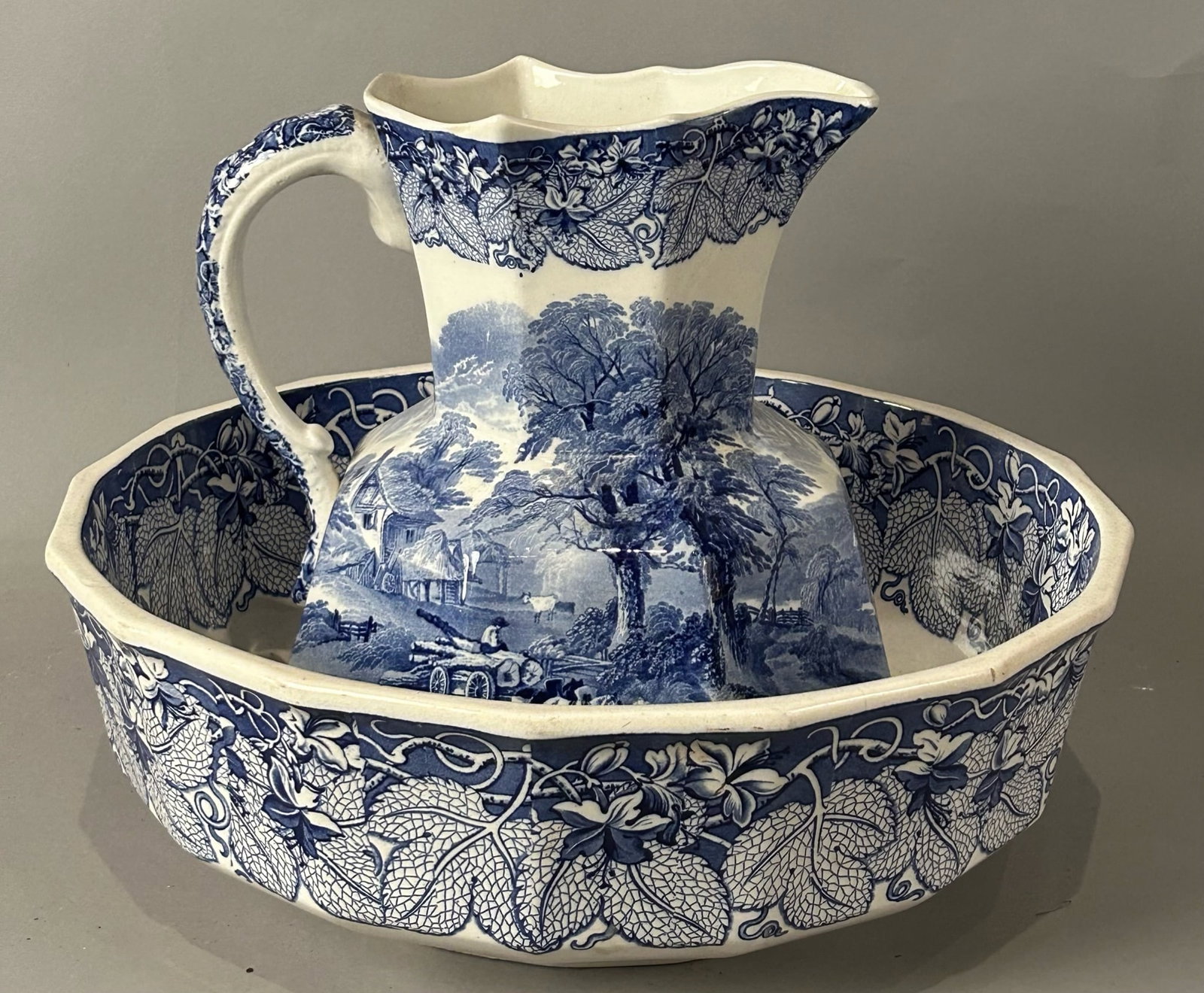 Blue and White Transferware Pitcher and Bowl w Scene (1 of 11)