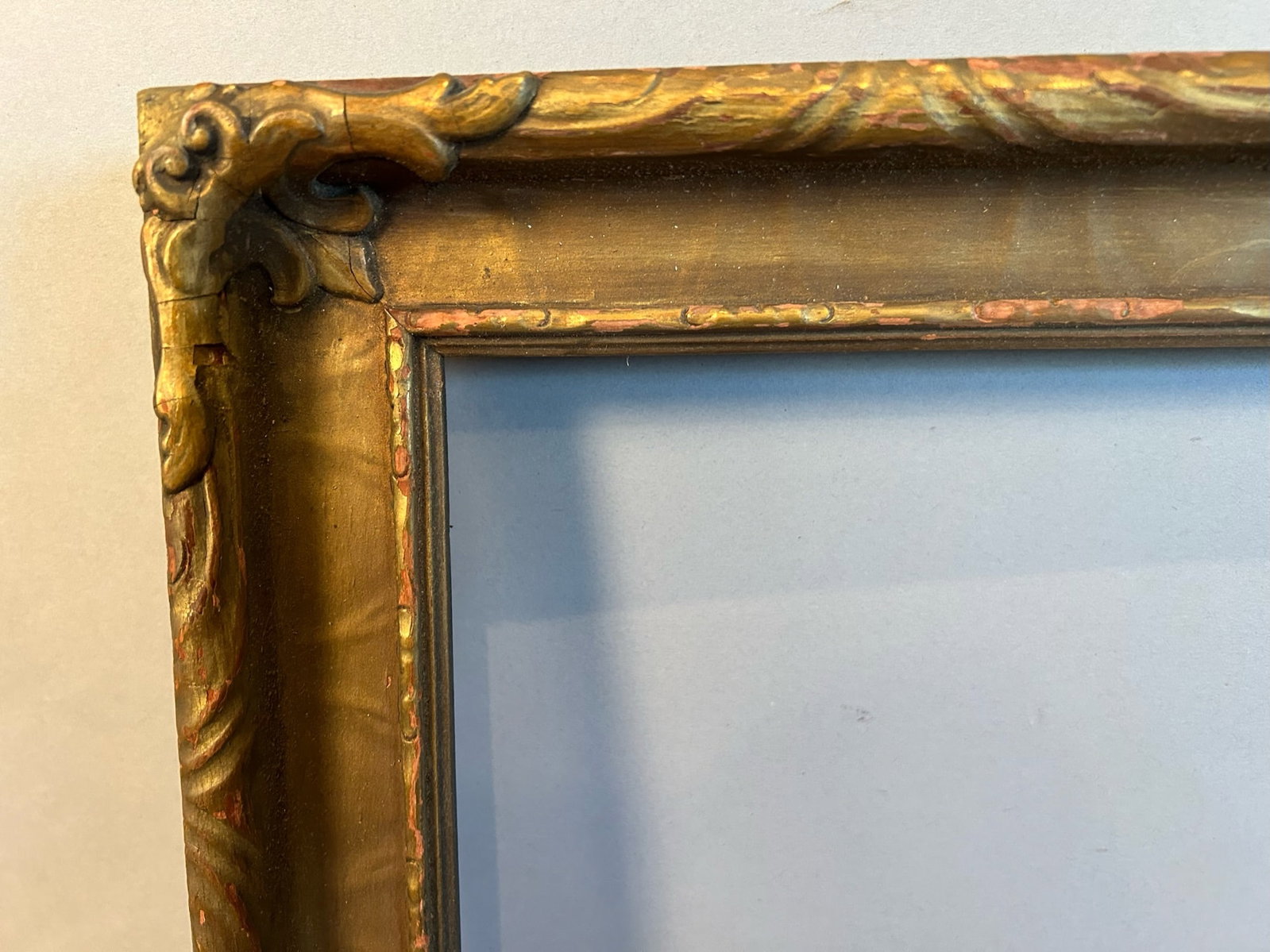 Antique Atr Nouveau Frame w Carved border & Gold Surface: Antique frame, art nouveau with carved borders and gold surface. 19 1/2 x 23 1/2 site 15 3/4 x 19 1/2.