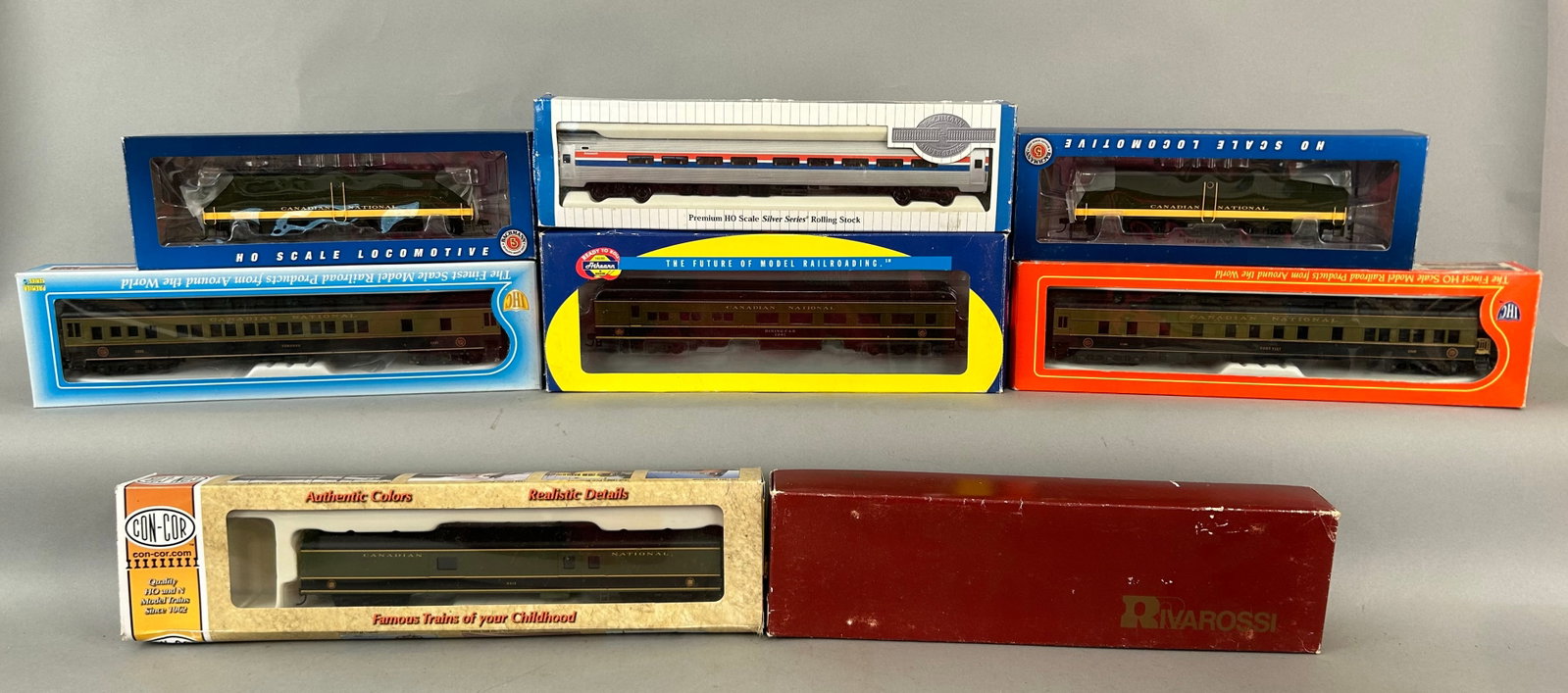 HO scale eight Canadian national trains: HO scale eight Canadian national trains all in original boxes. One Amcoach Train in original box.