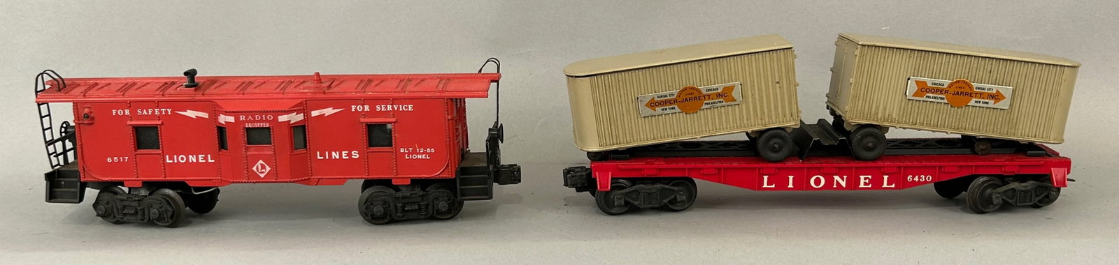 Lionel Radio Equipt and Flat Car: Lionel Radio Equipt car 6517 and flat car 6430 with Cooper Jarrett Trucks