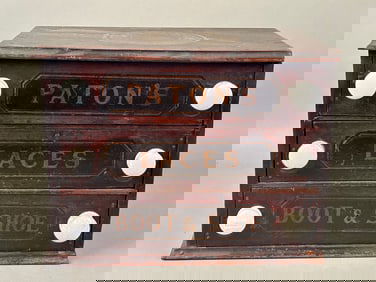 19th c Three Drawer Spool Cabinet Paton's Boot & Shoe Laces
