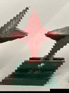 Antique Cast Iron Architectural Star Original Red Paint: 7.5" Antique Architectural Star. Four point heavy cast iron star on custom made wood stand. Original red paint. 7.5" diameter. 10" on stand.Provenance: Robert and Jane Cottingham Collection Newtown,