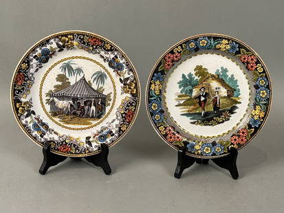 2 Creil Pottery Earthenware Plates Polychrome: 2 Creil pottery earthenware plates. Polychrome with horses and men under tent on one and two people walking down road in front of cottage on second. 8 1/2 inch diameter.