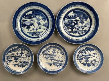 5 Canton Plates Blue and White