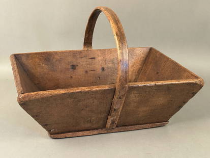 Antique Wooden Gathering Basket: Gathering basket. Original wooden handle, nice old surface. Inscribed initials A. F. 19 1/2” x 14” x 12 1/2” tall hole on bottom, repair to handle.Provenance: Robert and Jane
