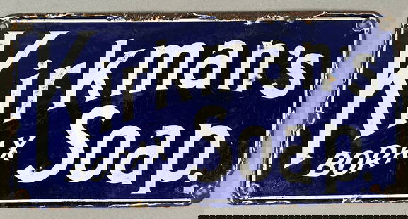 Kirkman's Borax Soap Antique Porcelain Sign: Antique porcelain sign Kirkman's Borax Soap, 7" x 14" Some chipping along edge. Bright vibrant color.Provenance: Robert and Jane Cottingham Collection Newtown, CT