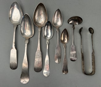 8 Pcs Coin Silver Inc Tongs, Serving and Teaspoons