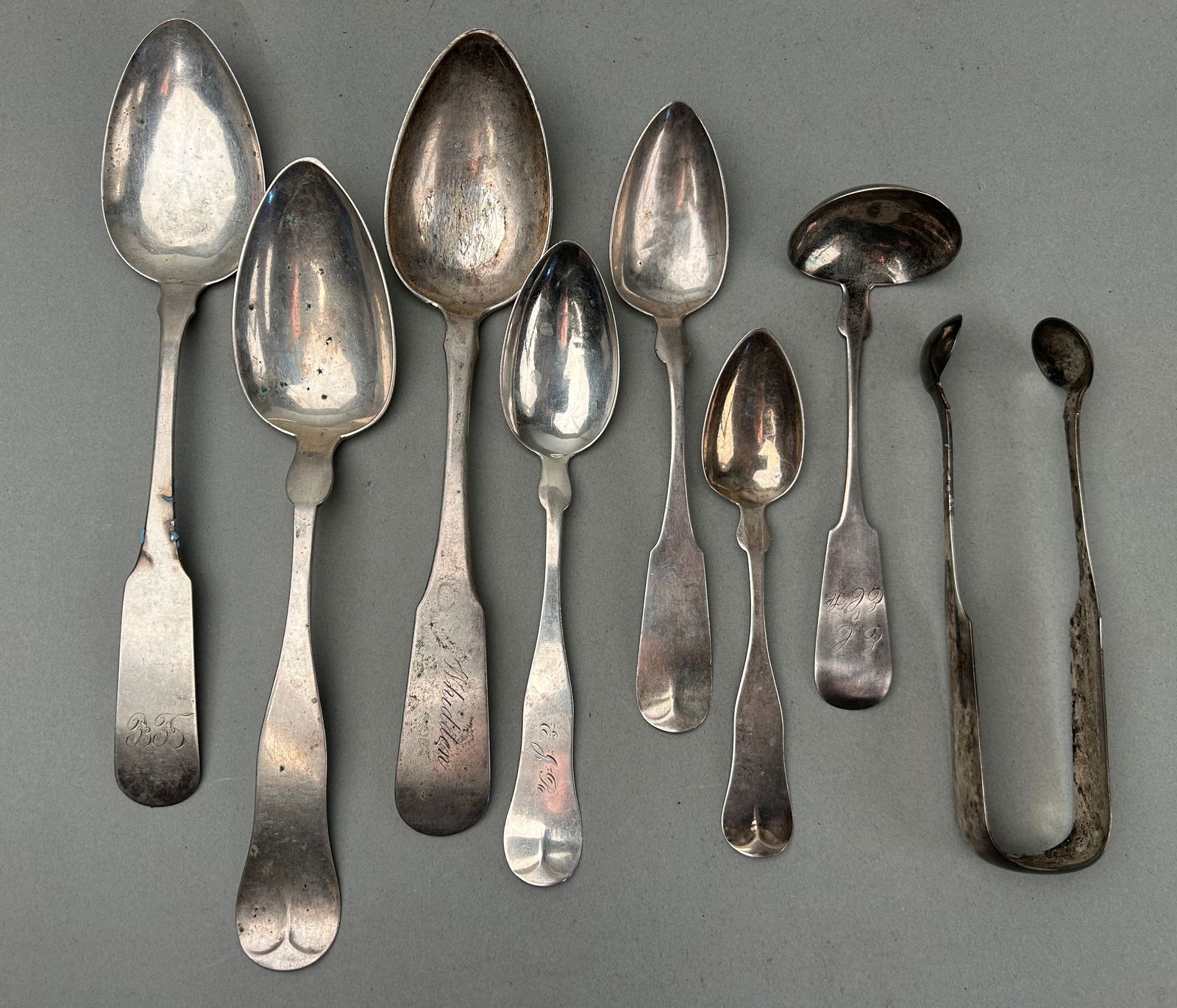 8 Pcs Coin Silver Inc Tongs, Serving and Teaspoons (1 of 11)