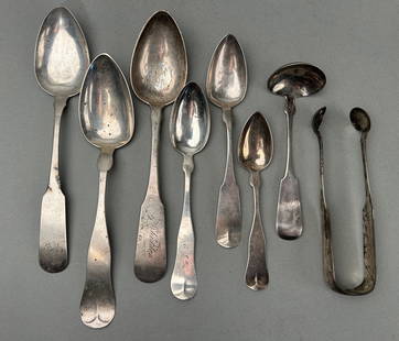 8 Pcs Coin Silver Inc Tongs, Serving and Teaspoons: 8 pieces coin silver includes tongs, 3 large serving spoons small ladle 3 teaspoons. Massachusetts Makers include JB Jones, JJ, Lowe & Co, Lincoln & Foss, 2 Smith, and Chamberlain, Carter and