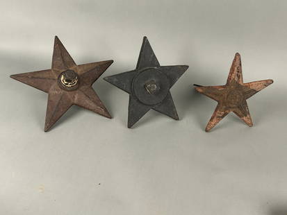 3 Antique Cast Iron Stars: 3 Antique Cast-iron architectural stars. Five point heavy Cast Iron. Diameter 12", 9.75", 9"Provenance: Robert and Jane Cottingham Collection Newtown, CT