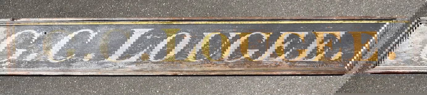 19th c G.C. Lougee Painted Wood Sign w Gold Lettering: 19th century sign G. C. Lougee. Original black background with gold lettering. Framed. 122” x 17 1/2” Provenance: Robert and Jane Cottingham Collection Newtown, CT