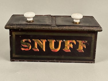 19th c Toleware Snuff box w Porcelain Knobs
