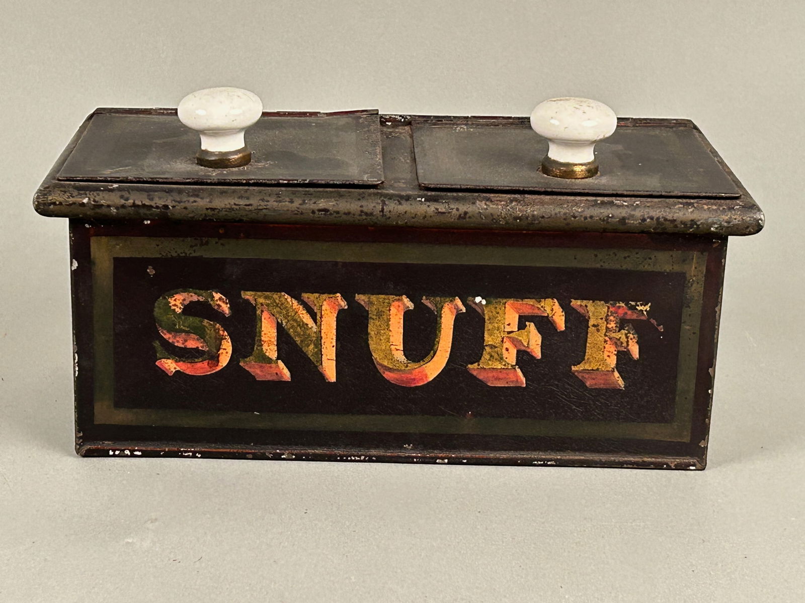 19th c Toleware Snuff box w Porcelain Knobs (1 of 7)