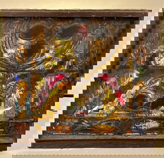 Antique Stained Glass Window: Antique stained glass window in original iron frame. Multicolored stain glass with leaded construction. Extremely high quality. 24 1/2 x 25 1/2. In as found condition with two small pieces missing.