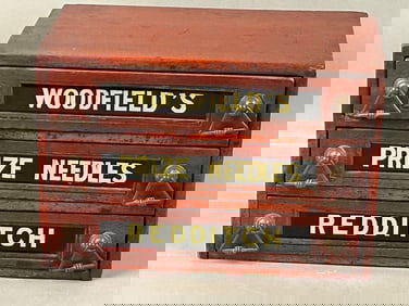 19th c Three Drawer Spool Cabinet Woodfields Prize Needles
