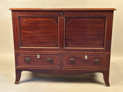 Federal Two Drawer Blanket Chest With String Inlay: Federal two drawer blanket, chest mahogany with string inlay, brass handles and escutcheons. Mahogany with pine secondary. Original strap hinges, blue papered interior in drawer bottoms and chest bott