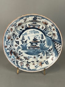 Large 18th c Delft Bowl Tin Glazed w Blue and Brown Scene