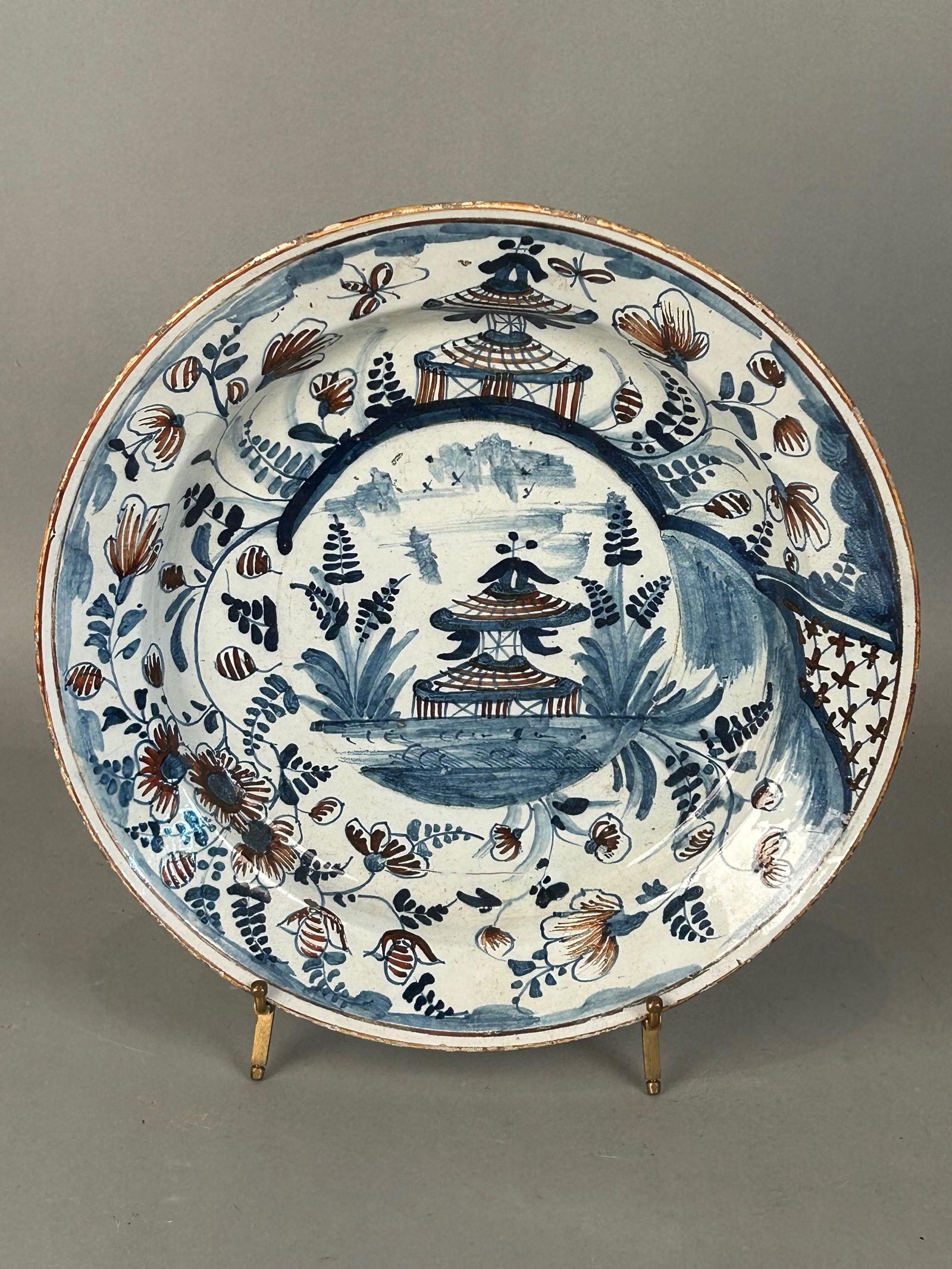 Large 18th c Delft Bowl Tin Glazed w Blue and Brown Scene (1 of 9)