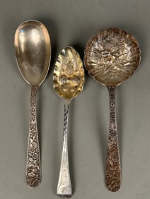3 Sterling Silver Serving Spoons w Repousse Design