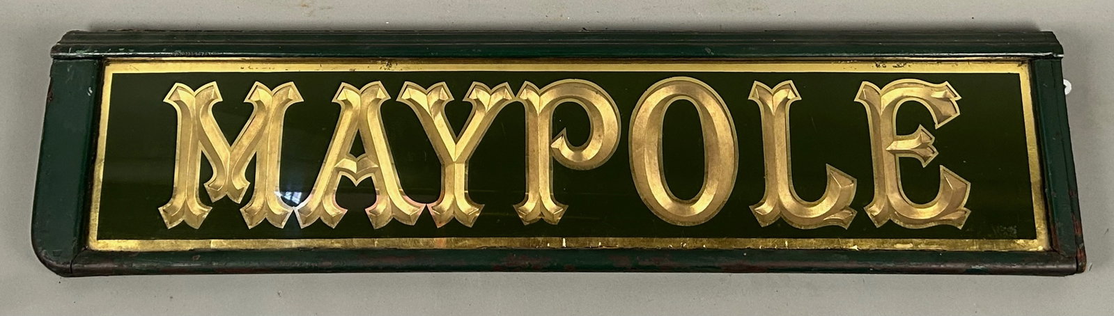 Antique Maypole Reverse Painted Glass Sign: Maypole sign reverse painted glass with carved gold lettering. Original frame 10 x 41 3/4.A very good condition age-appropriate wearProvenance: Robert and Jane Cottingham Collection Newtown, CT