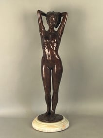 Cast Bronze Statue of Nude Woman on Revolving Marble Base