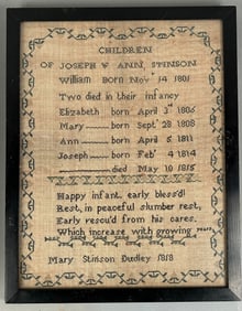 Antique Family Sampler Mary Stinson Dudley 1818