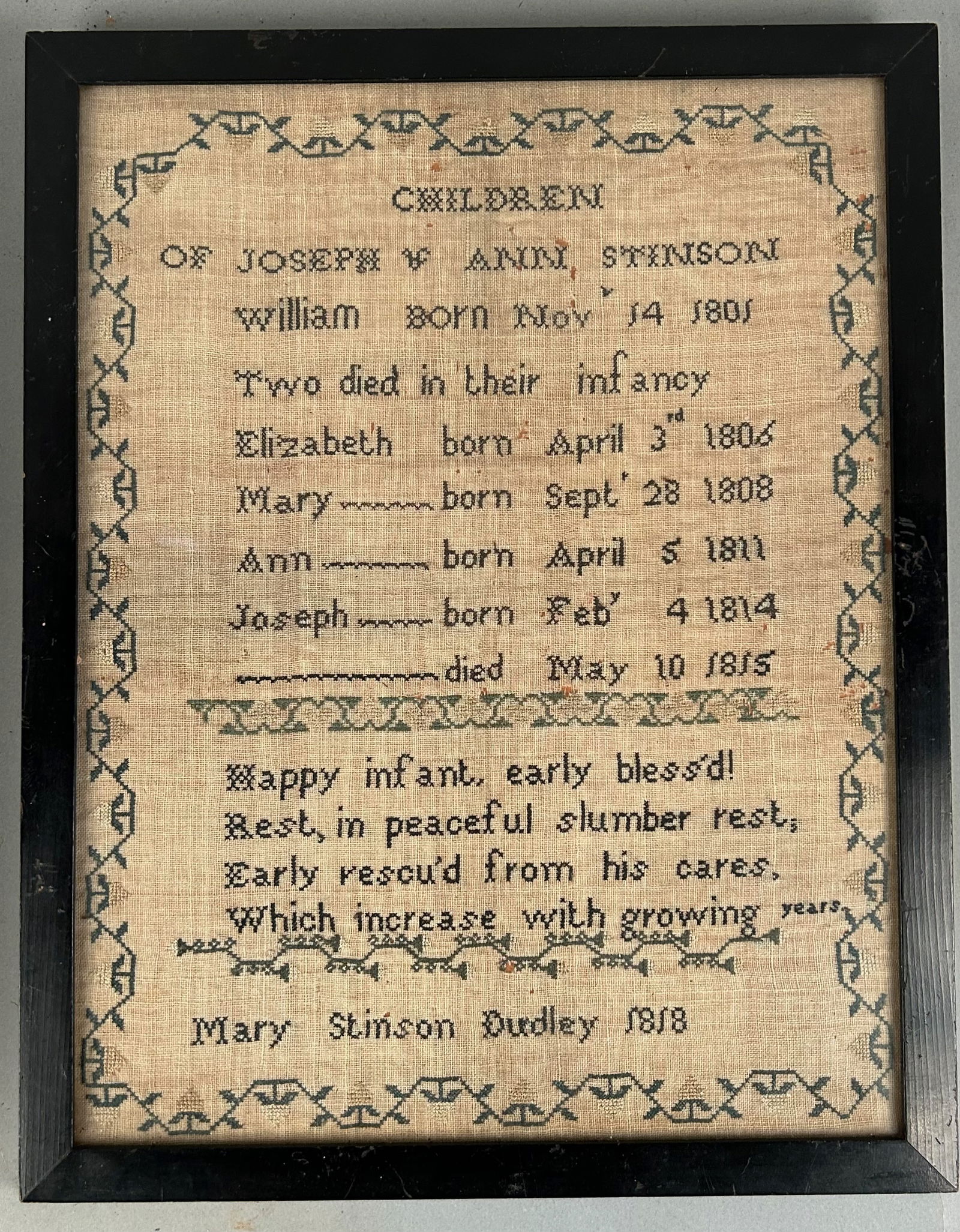Antique Family Sampler Mary Stinson Dudley 1818 (1 of 5)