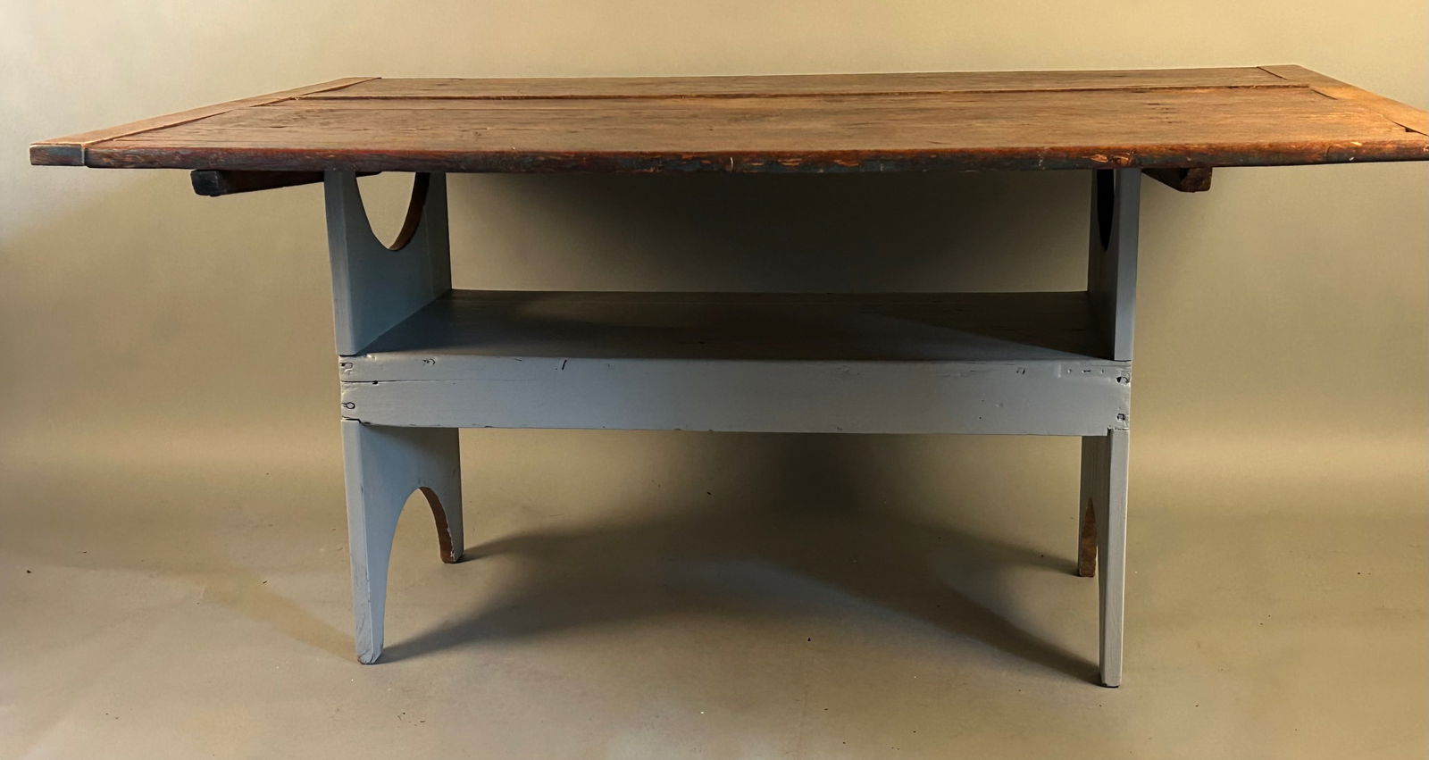 19 century hutch table, large scrub top: 19 century hutch table, large scrub top with four original wood pegs, base repainted 60” x 44” x 28 1/2” tall