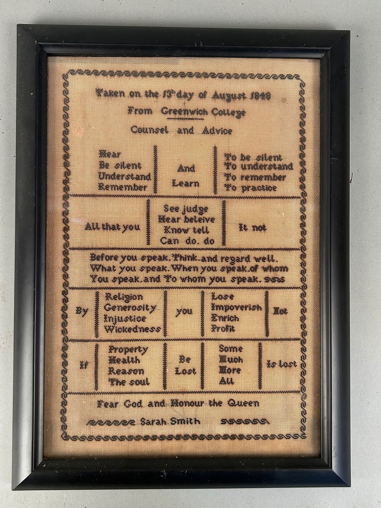 Antique Sampler Sarah Smith 1848 Greenwich College (1 of 6)