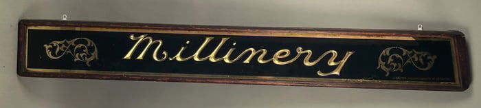 Antiques Millinery Reverse Painted Glass Sign