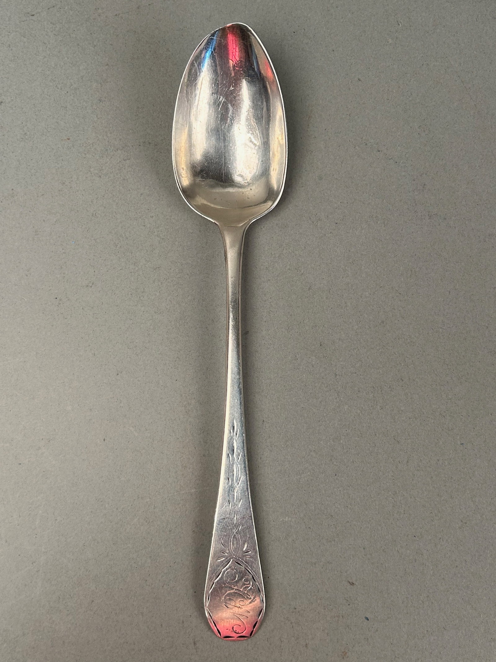 Coin Silver Spoon w Etched Handle Hallmarked: Coin silver spoon with etched handle. Hallmarked 8 3/4”. 48g
