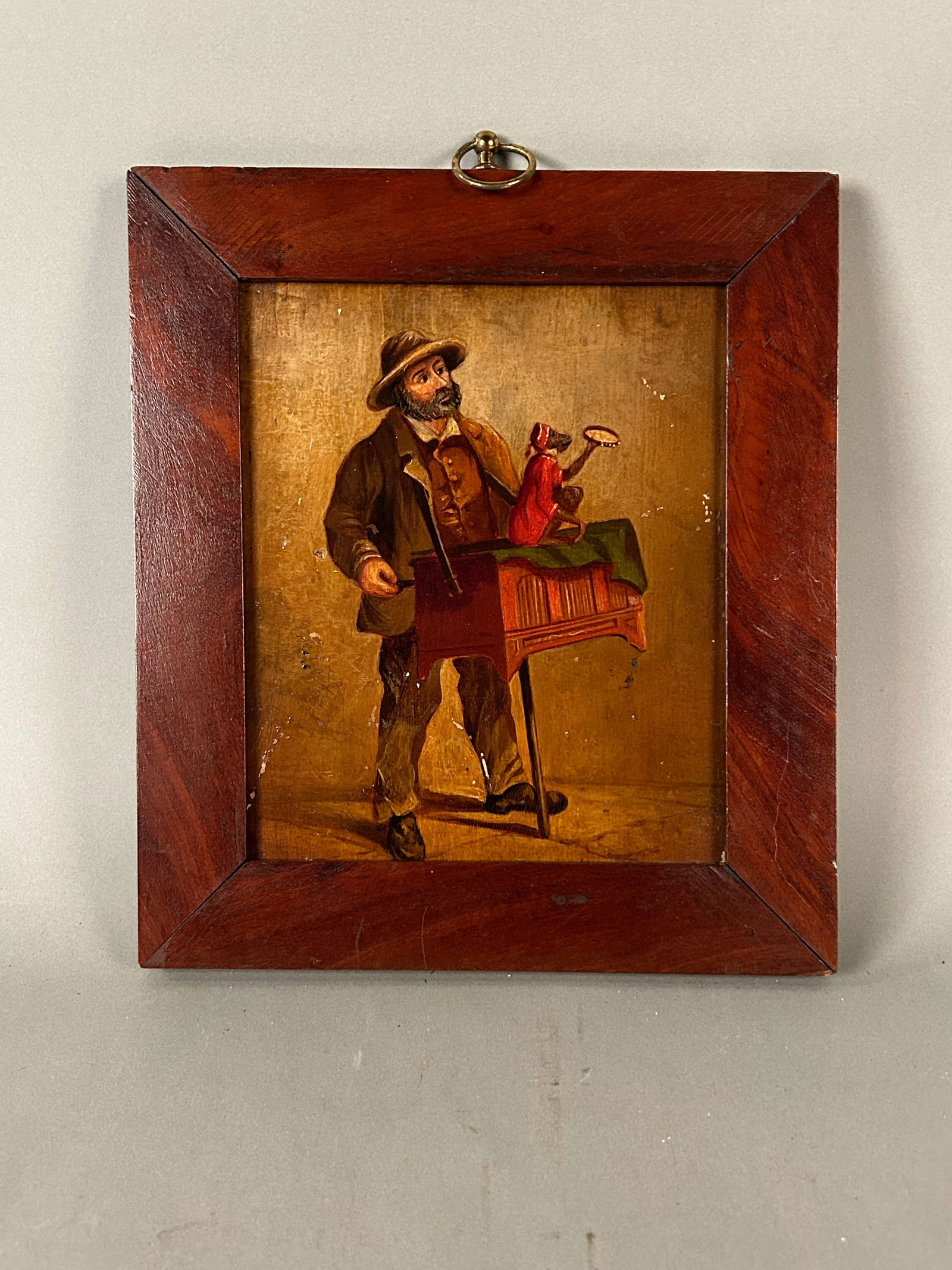 Organ Grinder with Monkey and Organ. oil on panel. 19th C (1 of 2)