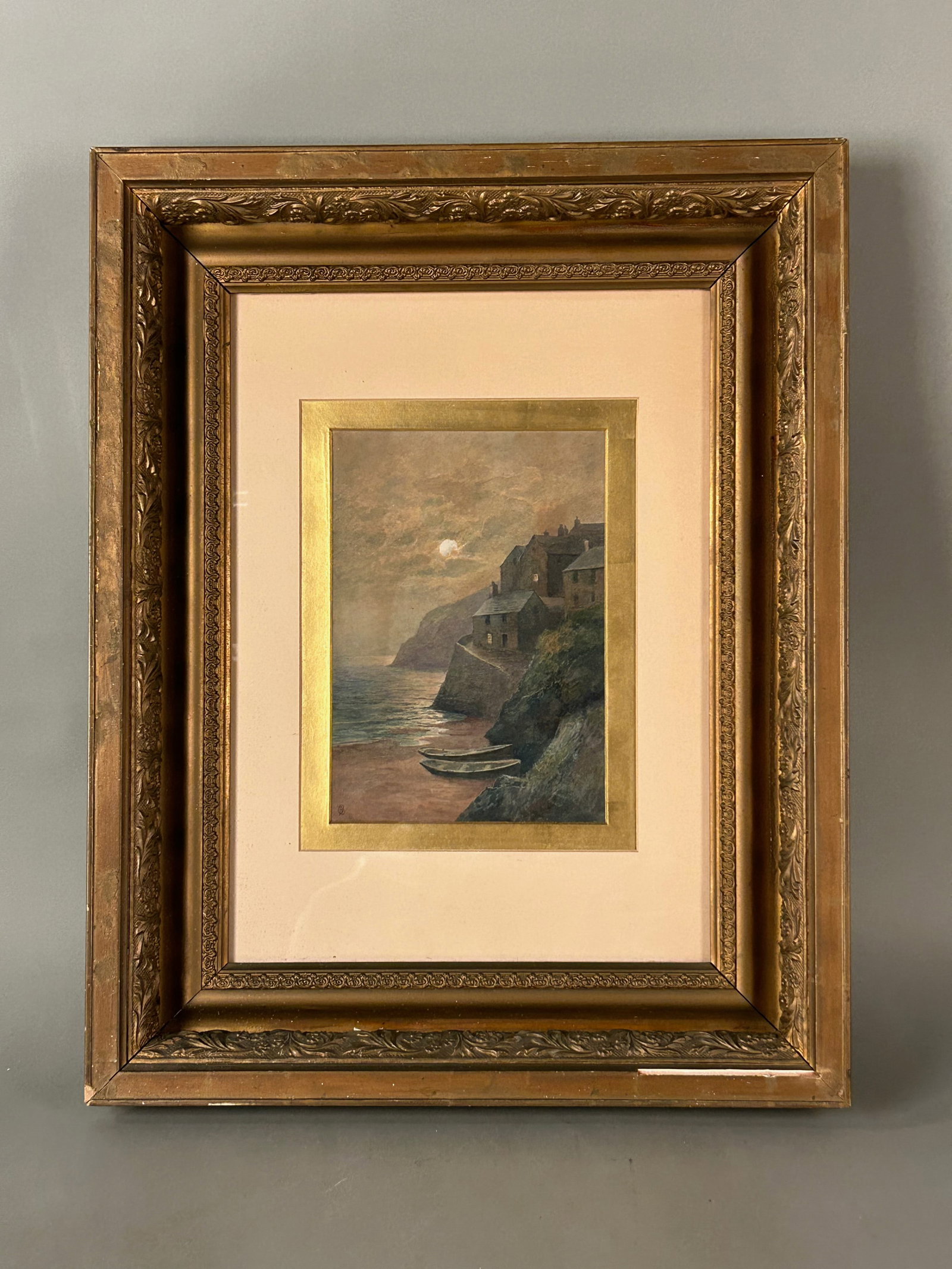 Coastal Village at Dusk Oil on board: Coastal Village at DuskOil on board depicting a moody coastal cliffside village at sunset, with boats drawn up along the shore and buildings receding into mist. Atmospheric palette. Late 19th–early