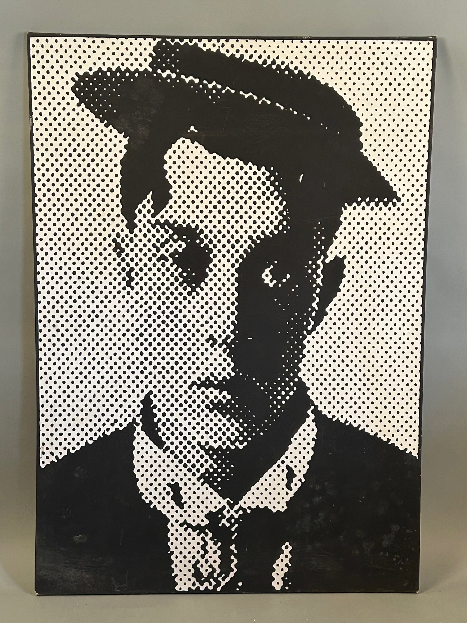 Gulino (20th Century) Portrait of Buster Keaton, 1970: Gulino (20th Century)Portrait of Buster Keaton, 1970Signed and dated on reverse Gulino ’70. Oil on canvas.Bold Pop Art–influenced portrait rendered in high-contrast black and white halftone patter