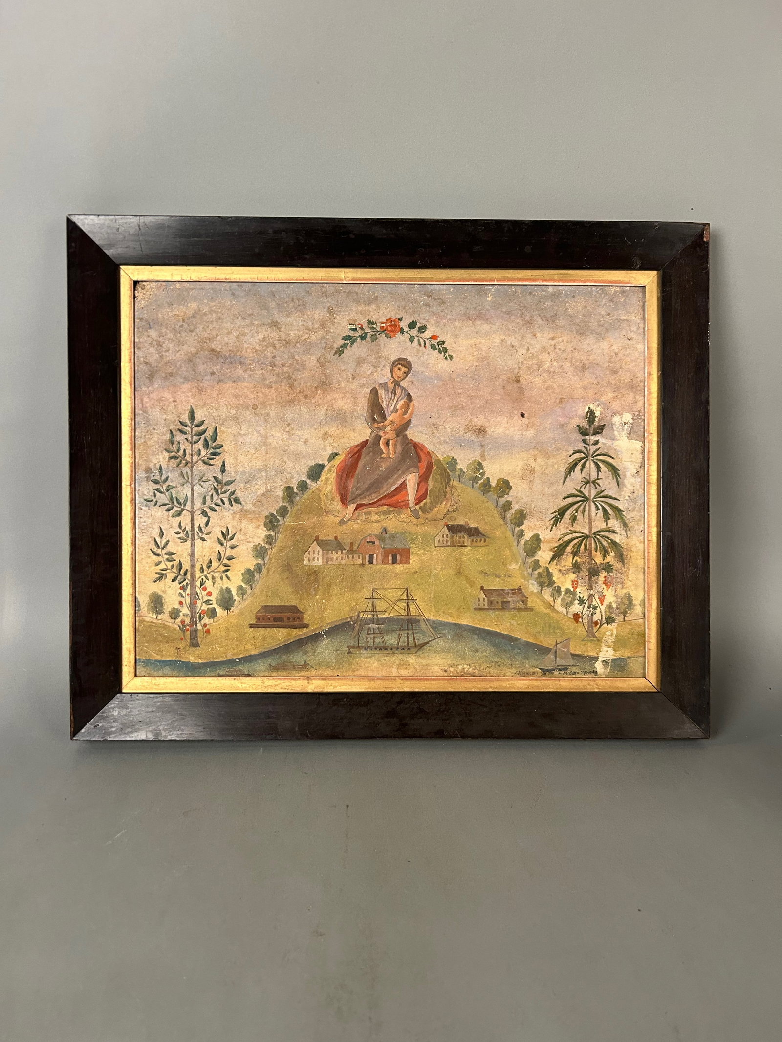 Vintage American Folk Art Painting ,Watercolor: American Folk Art Painting, Vintage .Watercolor on paper depicting a symbolic pastoral scene with seated female figure holding a child atop a green hill, flanked by stylized trees, houses, and a saili