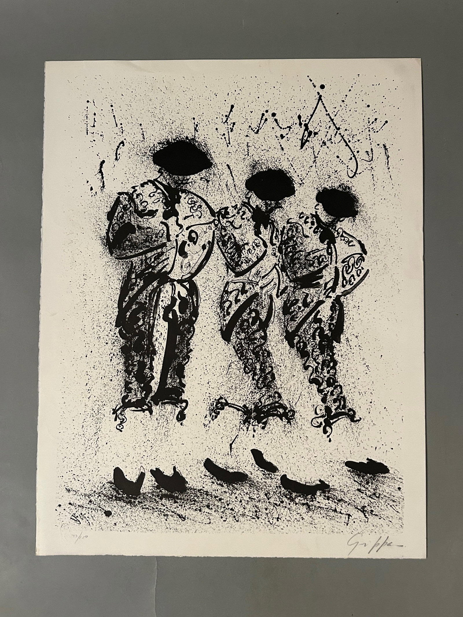 Peter J. Grippa, The Three Matadors of the Day): Peter J. Grippa, La Corrida I: Los Tres Matadores del Día (The Bullfight I: The Three Matadors of the Day) Pencil Signed “Grippa” lower right. And numbered 77 /150. 25.75 x 20.