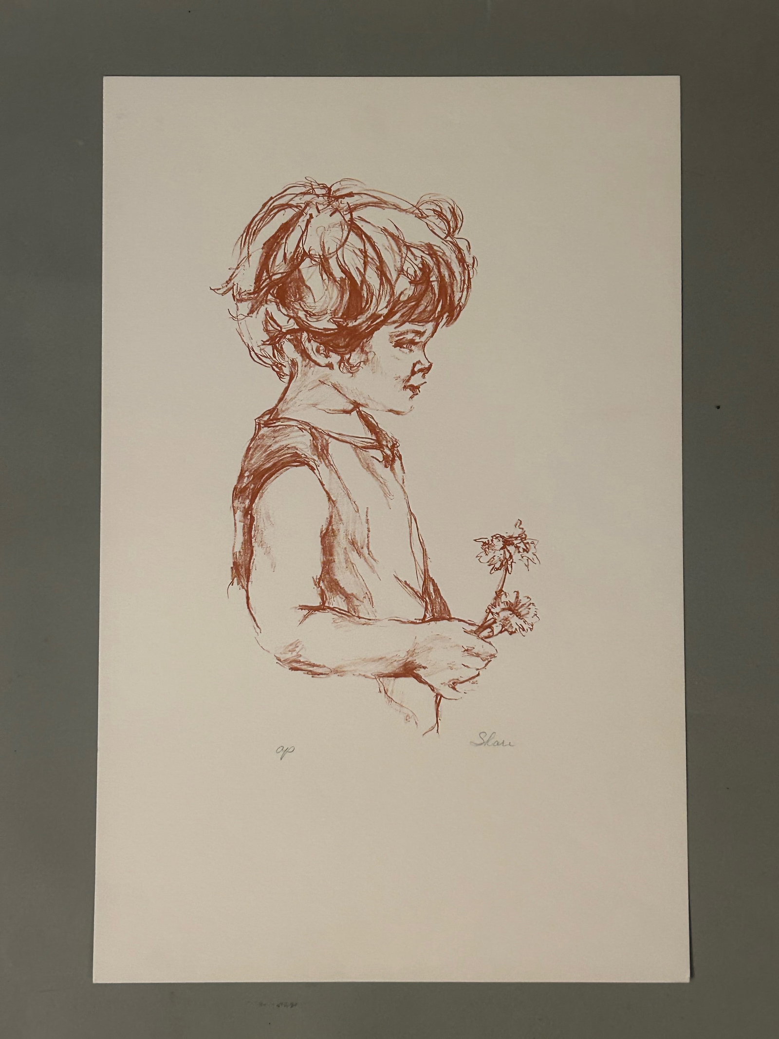 Shari, Child with Flowers Artist Proof: Shari, Child with FlowersLithograph depicting a young child in profile holding flowers. Pencil signed by the artist Shari. Marked AP (artist’s proof); numbered from a limited edition 236/250. 20 x 1