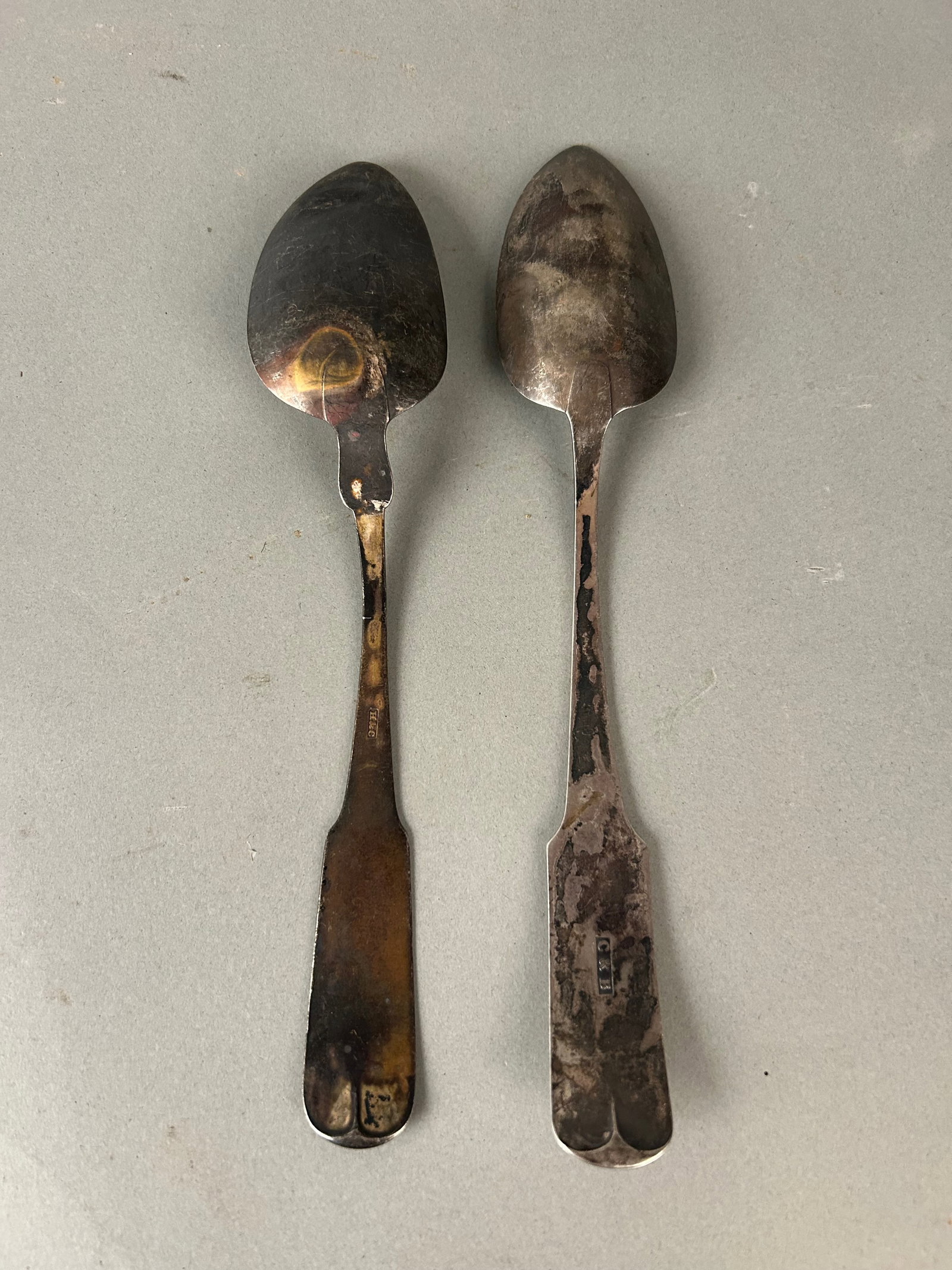 2 Coin silver Spoons, New York and Baltimore: 2 Coin silver Spoons, Harris & Co, New York and Canfield and Bros, Baltimore. 9”, as found. 97 g.