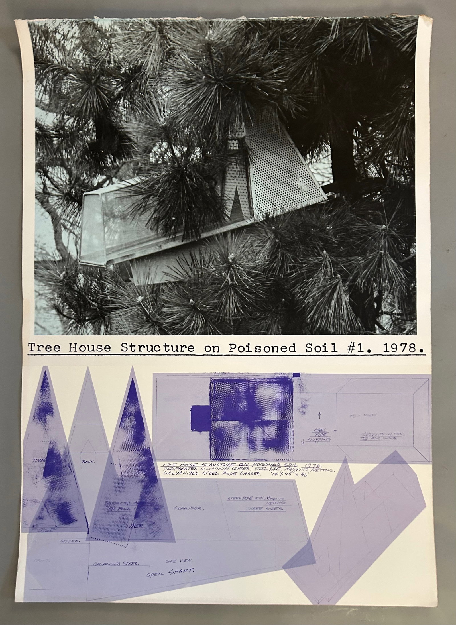 Dennis Oppenheim (1938–2011) Tree House Structure on Poisoned Soil #1, 1978: Dennis Oppenheim (1938–2011)Tree House Structure on Poisoned Soil #1, 1978Conceptual lithograph combining photographic documentation and technical diagrammatic plans for the proposed environmental s
