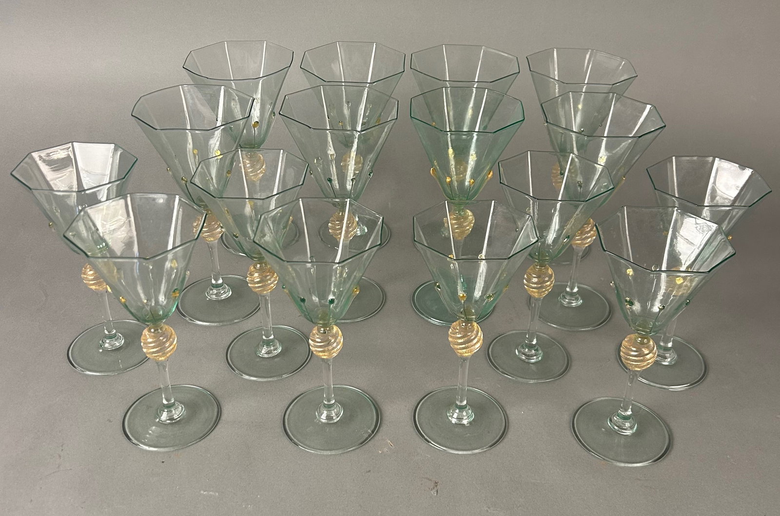 Vintage Venetian Murano Style Art Glass Stemware – 16 Pieces: Vintage Venetian Murano Style Art Glass Stemware – 16 PiecesGroup of mid-century Venetian / Murano style hand-blown art glass stemware, circa 1950s–1970s. Includes eight (8) large martini/cocktail