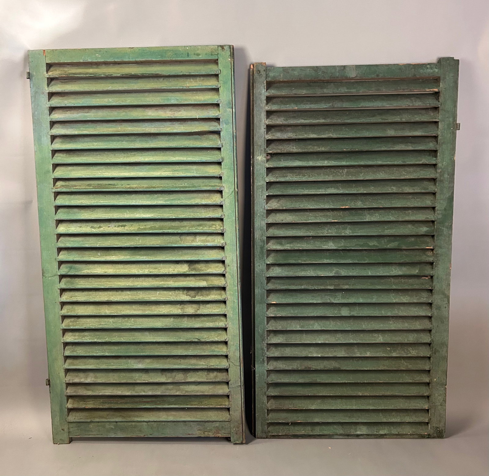 Pair Large Green Shutters: Pair large shutters original painted surface wide by 60” tall shiplap could be used as saloon doors