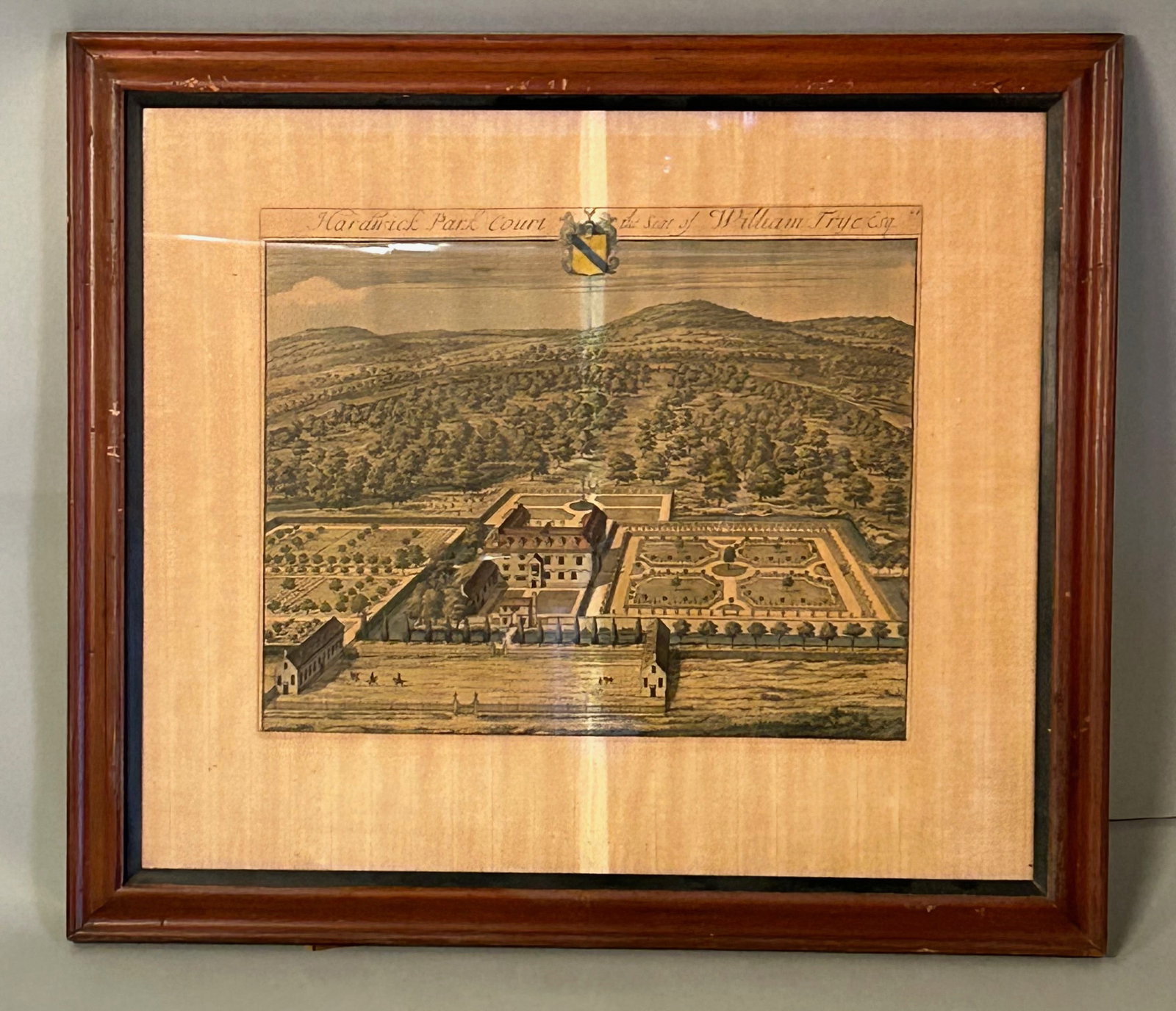 Hardwick Park Court, the Seat of William Cavendish?? England, late 18th–early 19th century: Hardwick Park Court, the Seat of William Cavendish”England, late 18th–early 19th centuryHand-colored engraving depicting Hardwick Hall and its formal gardens in an elevated panoramic view, bea