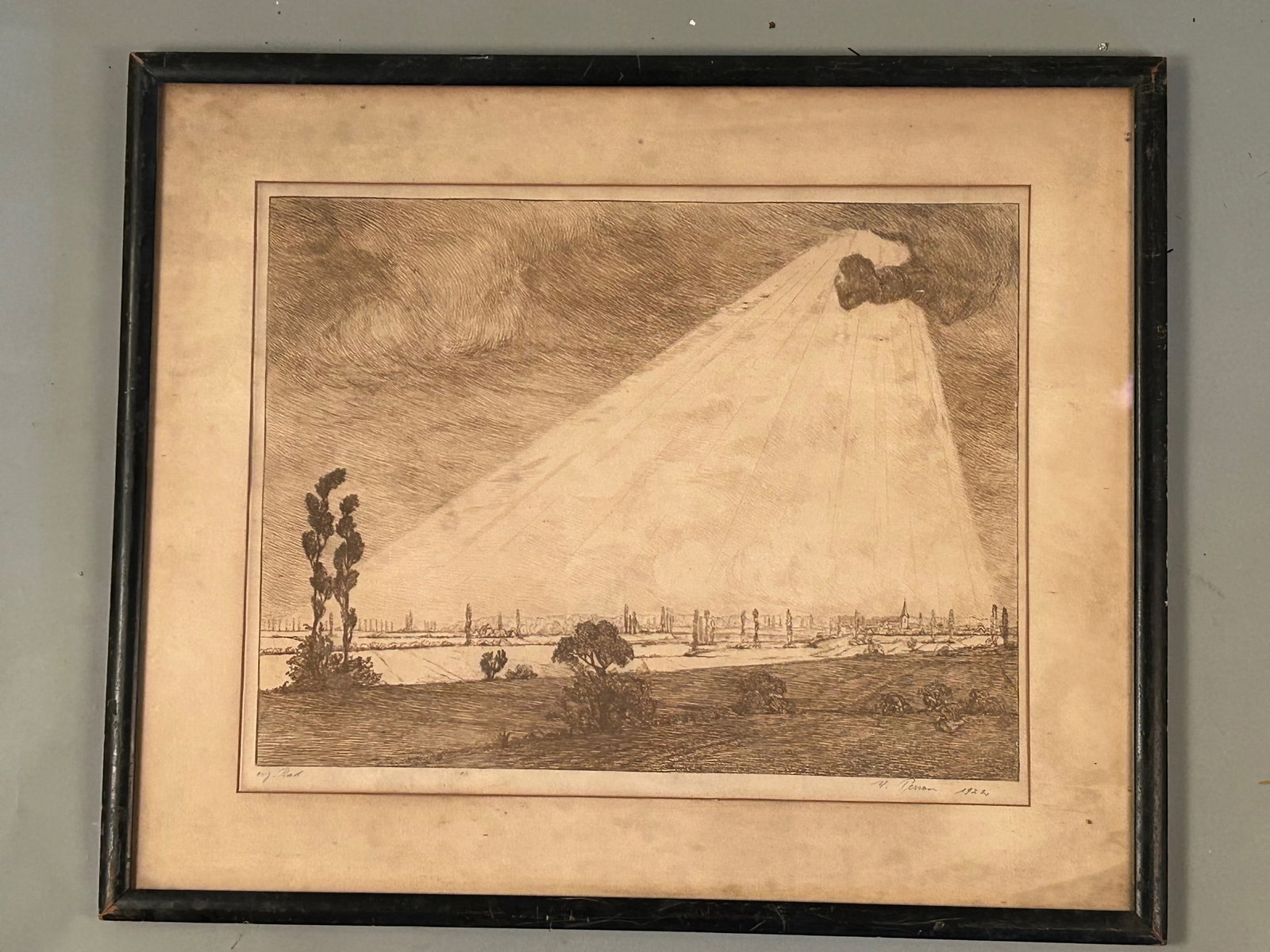 Astronomical Engraving Zodiacal Light, Early 20th Century: Early 20th Century Astronomical EngravingZodiacal Light, signedSepia-toned engraving depicting the celestial phenomenon of zodiacal light over a rural landscape. Finely rendered scientific illustratio