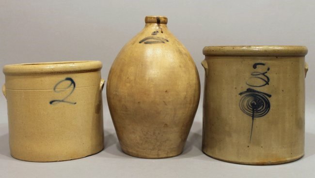 Ovoid Stoneware Jug & 2 Stoneware crocks w Cobalt Blue (1 of 7)